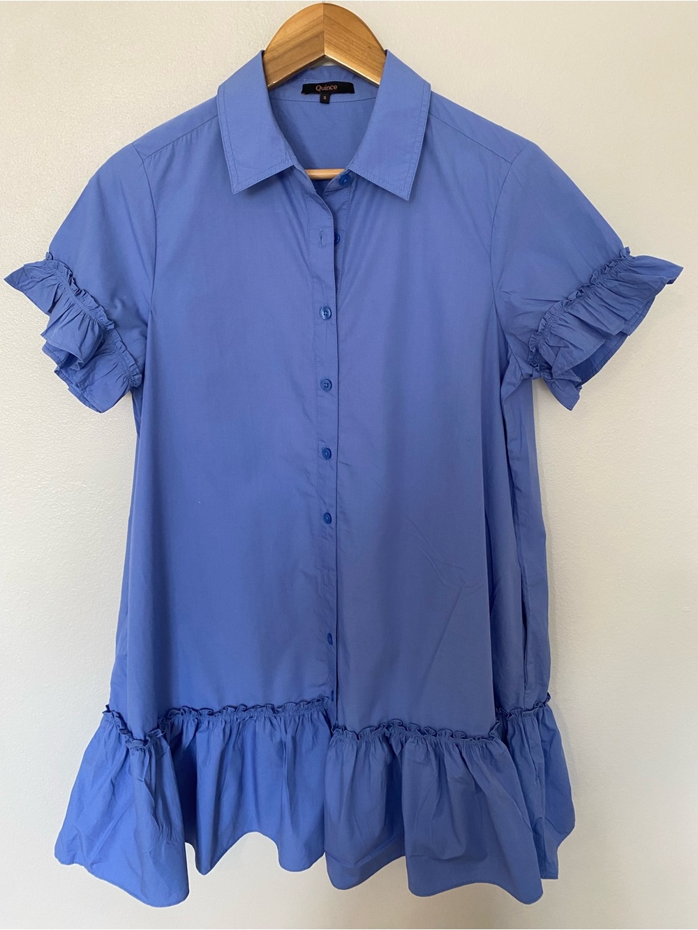 Quince Blue Ruffled Short-Sleeve Shirt Dress
